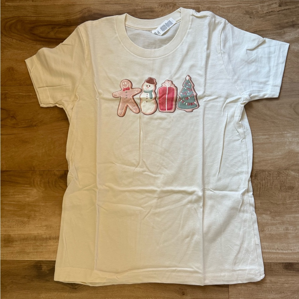 Girl's Short Sleeve Shirt Ivory Christmas Cookie Gingerbread Candy Cane Size 10